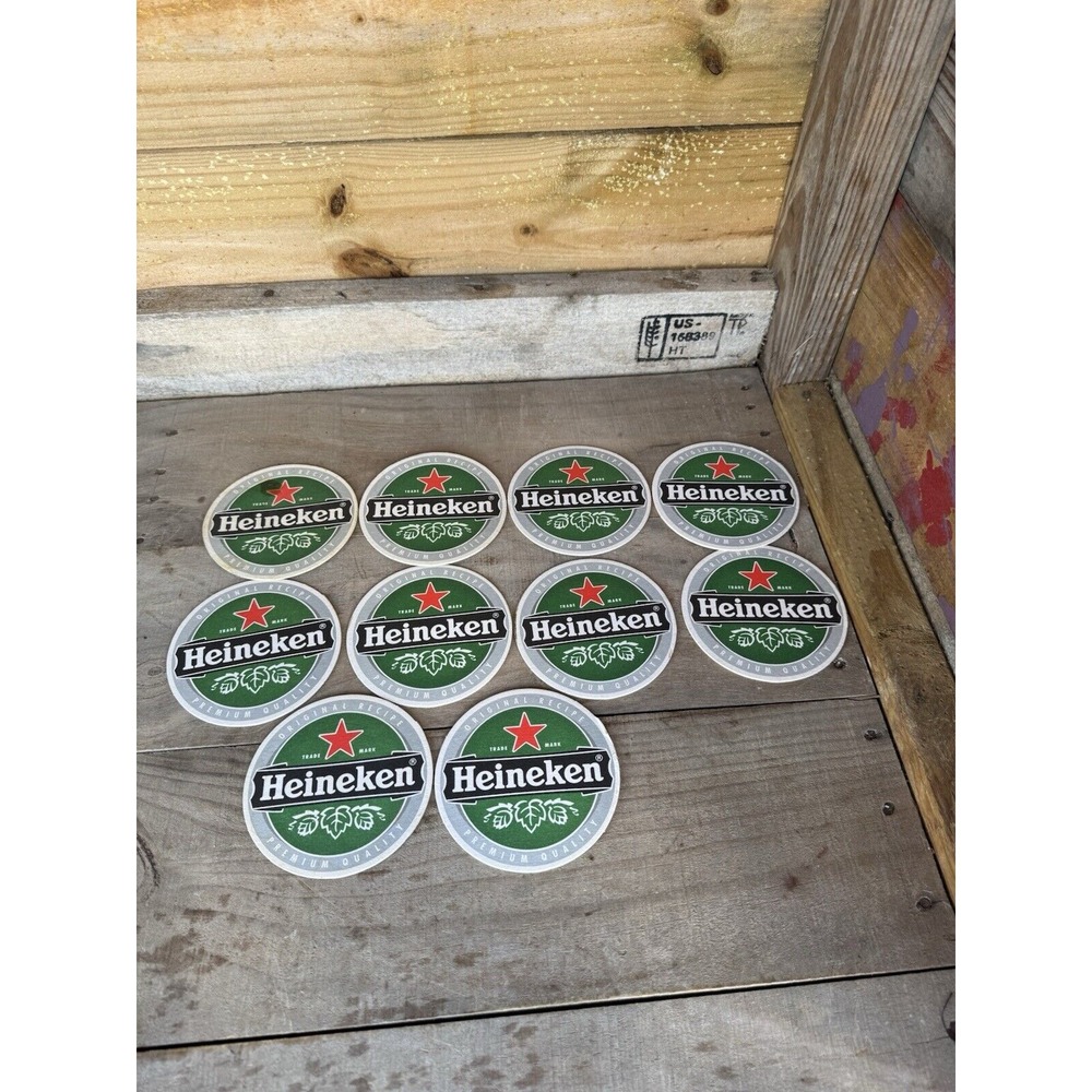 10 Heineken Beer Coasters Circle Double Sided Cardboard Vintage‎ W/ Foam Skimmer